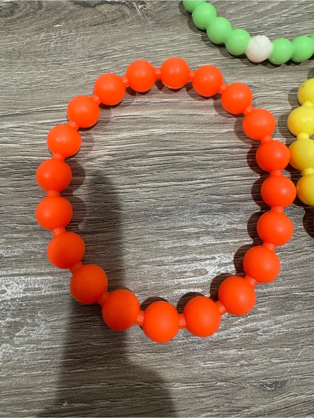 3 Rubber Bead Bracelets - Green, Yellow & Orange - Good Condition